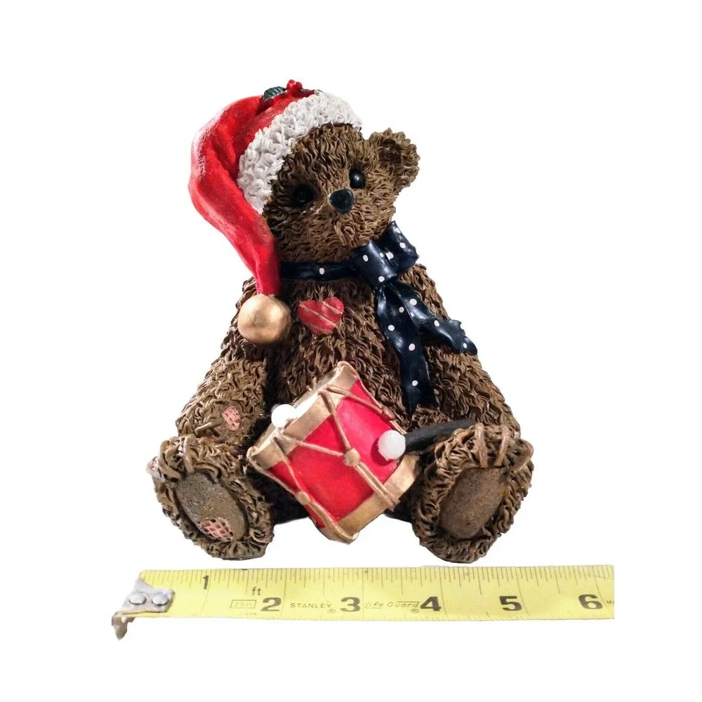 Christmas Teddy Bear Figurine Resin Santa Hat Drummer Holiday Decor 5.5